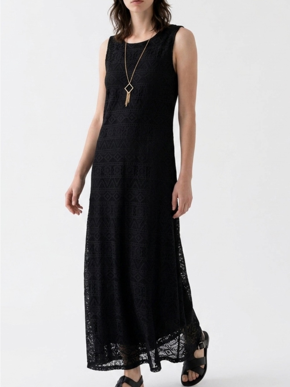 Tacera Black Sleeveless Lace Maxi Dress with gold tone necklace